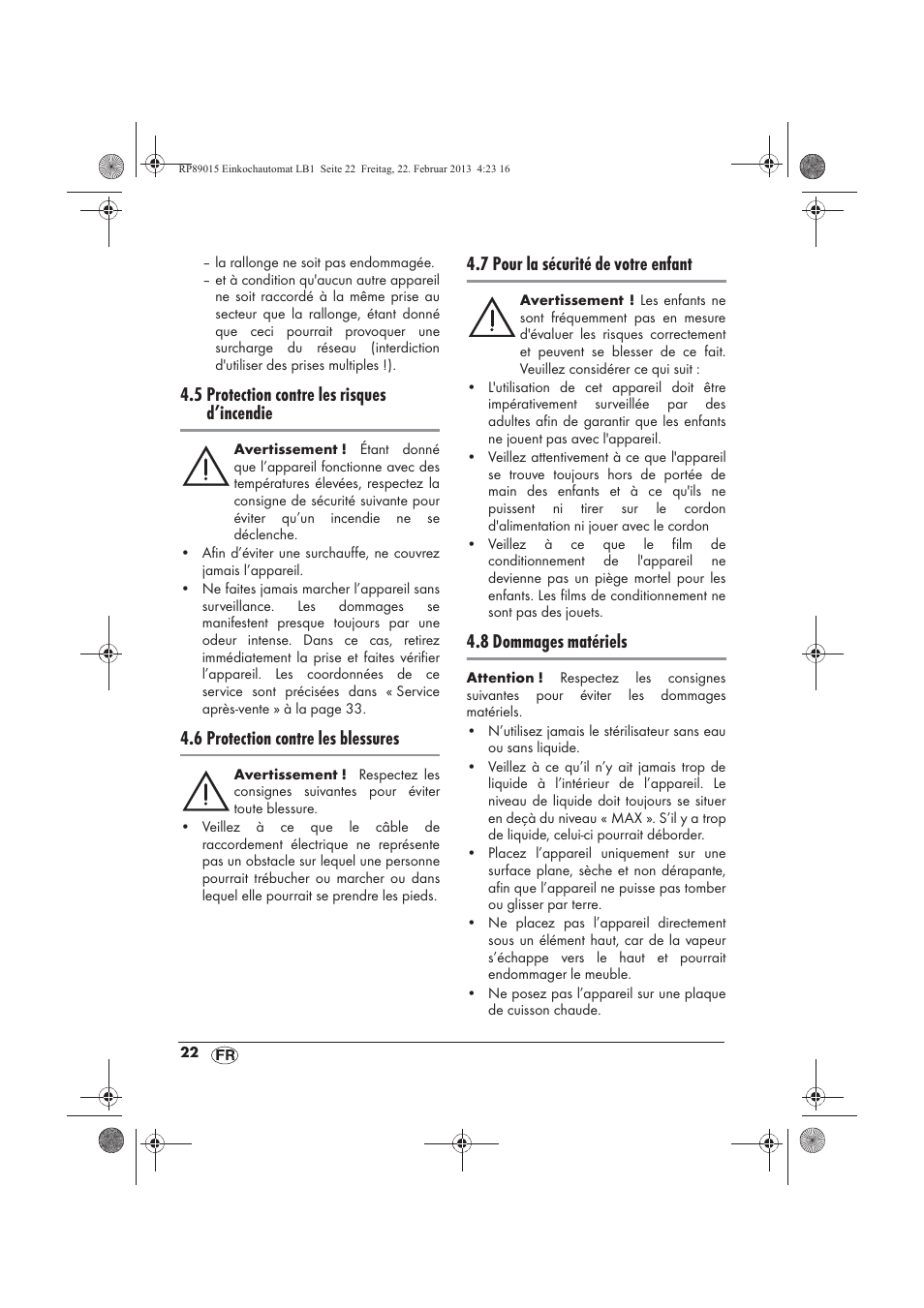 5 protection contre les risques d’incendie, 6 protection contre les blessures, 7 pour la sécurité de votre enfant | 8 dommages matériels | Silvercrest SEAD 1800 B1 User Manual | Page 24 / 82