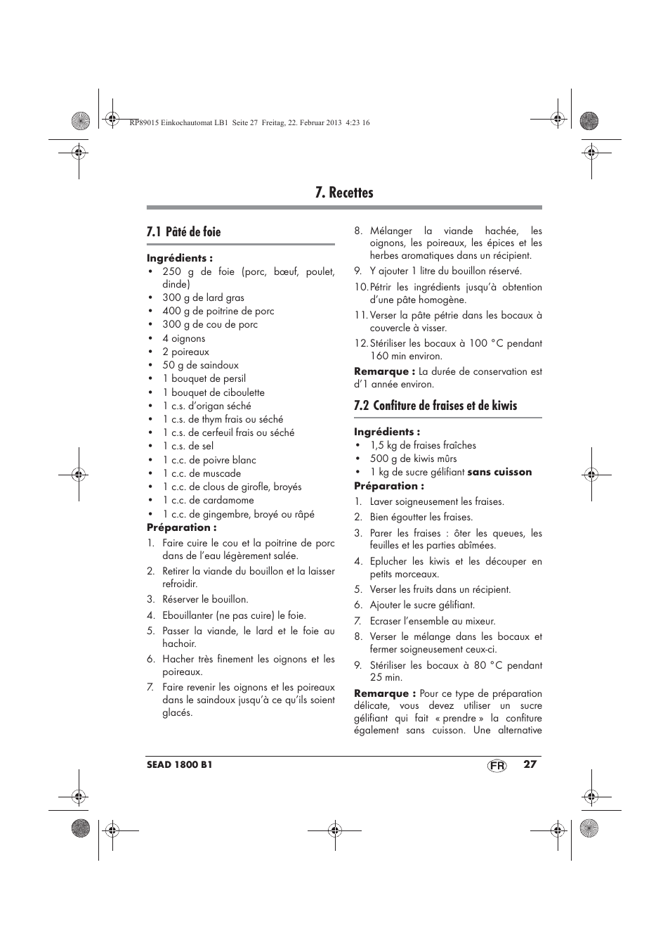 Recettes, 1 pâté de foie, 2 confiture de fraises et de kiwis | Silvercrest SEAD 1800 B1 User Manual | Page 29 / 82