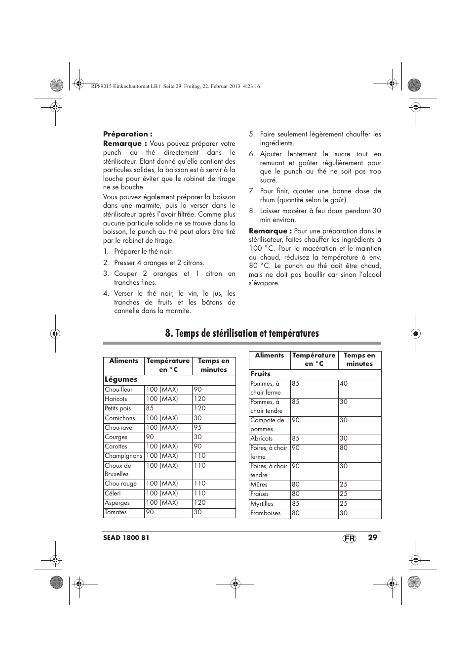 Temps de stérilisation et températures | Silvercrest SEAD 1800 B1 User Manual | Page 31 / 82