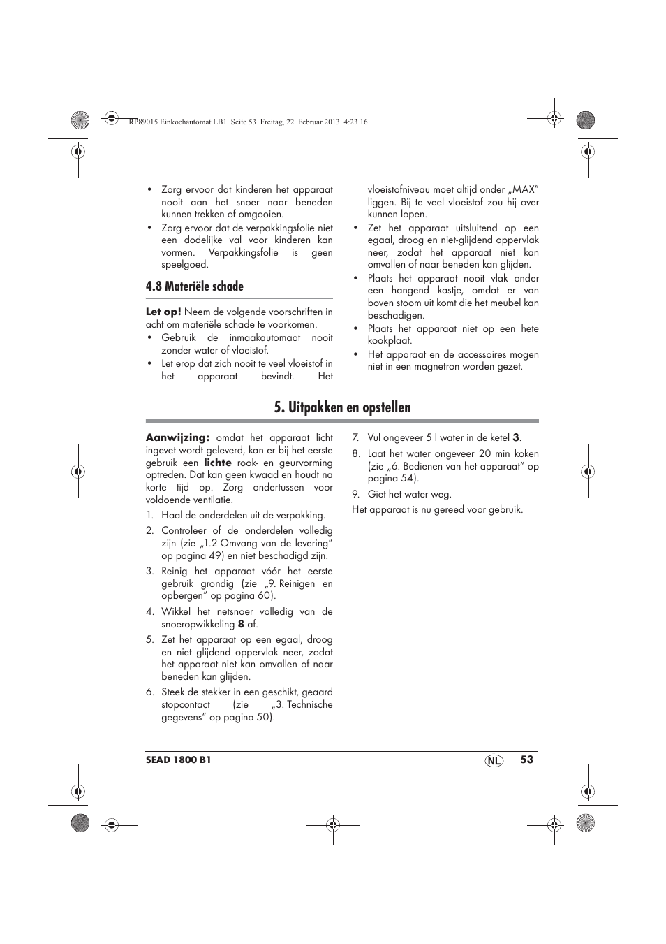 Uitpakken en opstellen, 8 materiële schade | Silvercrest SEAD 1800 B1 User Manual | Page 55 / 82