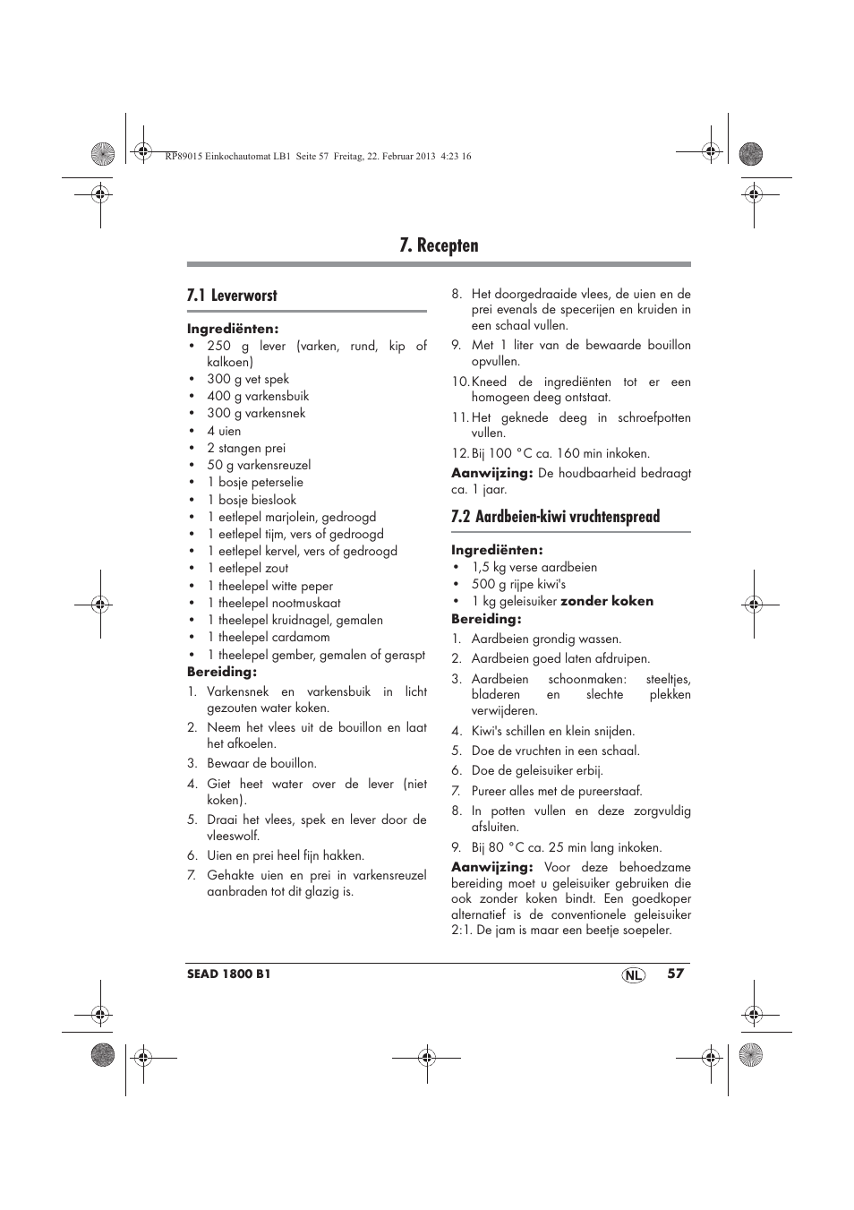 Recepten, 1 leverworst, 2 aardbeien-kiwi vruchtenspread | Silvercrest SEAD 1800 B1 User Manual | Page 59 / 82