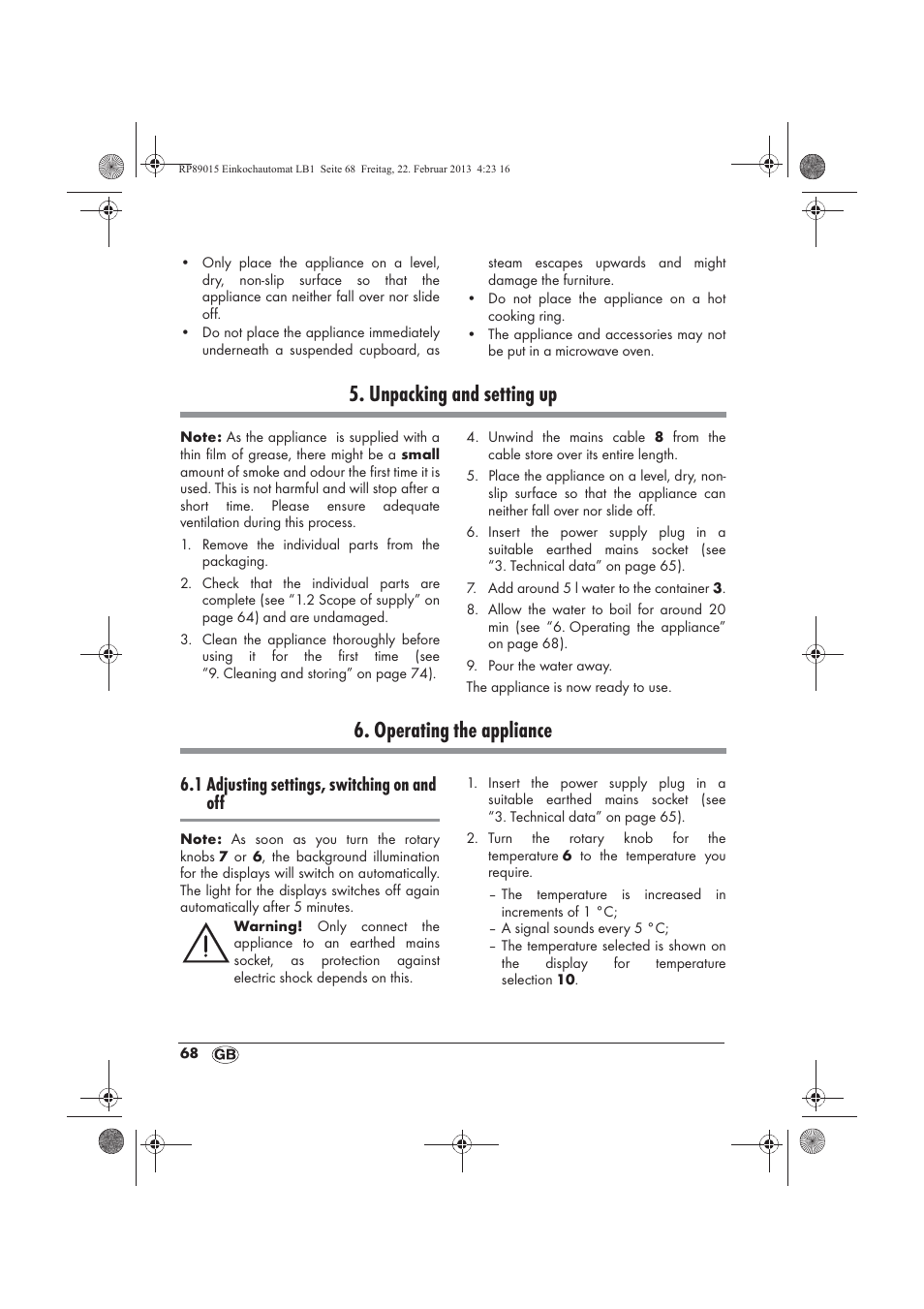 Unpacking and setting up, Operating the appliance, 1 adjusting settings, switching on and off | Silvercrest SEAD 1800 B1 User Manual | Page 70 / 82