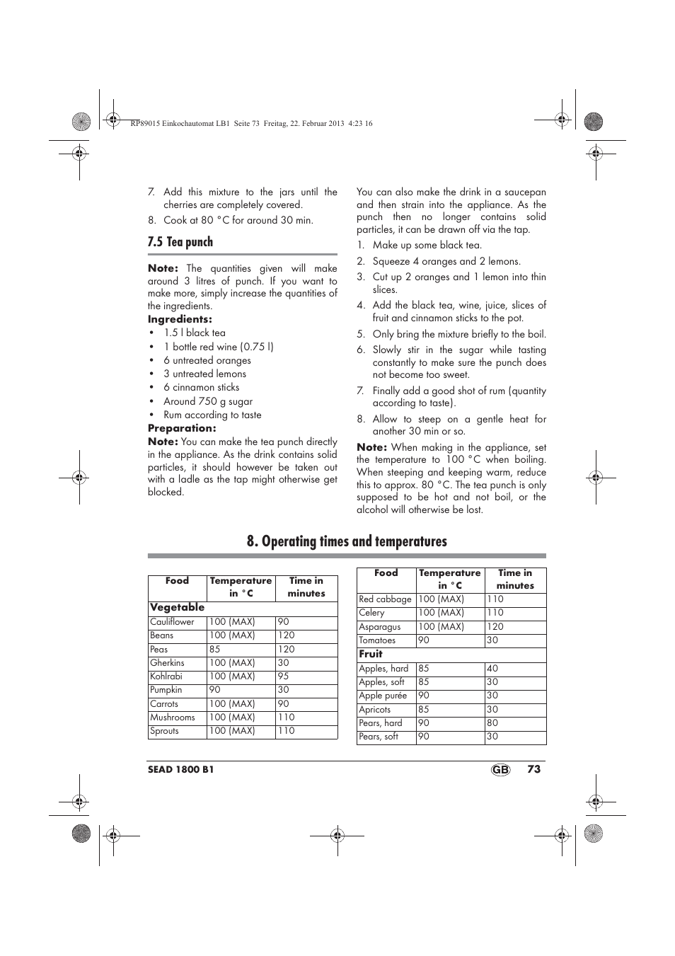 Operating times and temperatures, 5 tea punch | Silvercrest SEAD 1800 B1 User Manual | Page 75 / 82