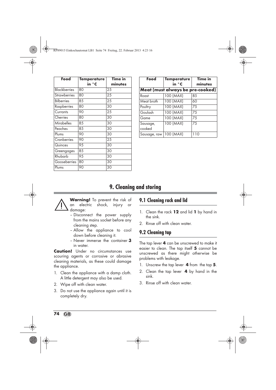 Cleaning and storing, 1 cleaning rack and lid, 2 cleaning tap | Silvercrest SEAD 1800 B1 User Manual | Page 76 / 82