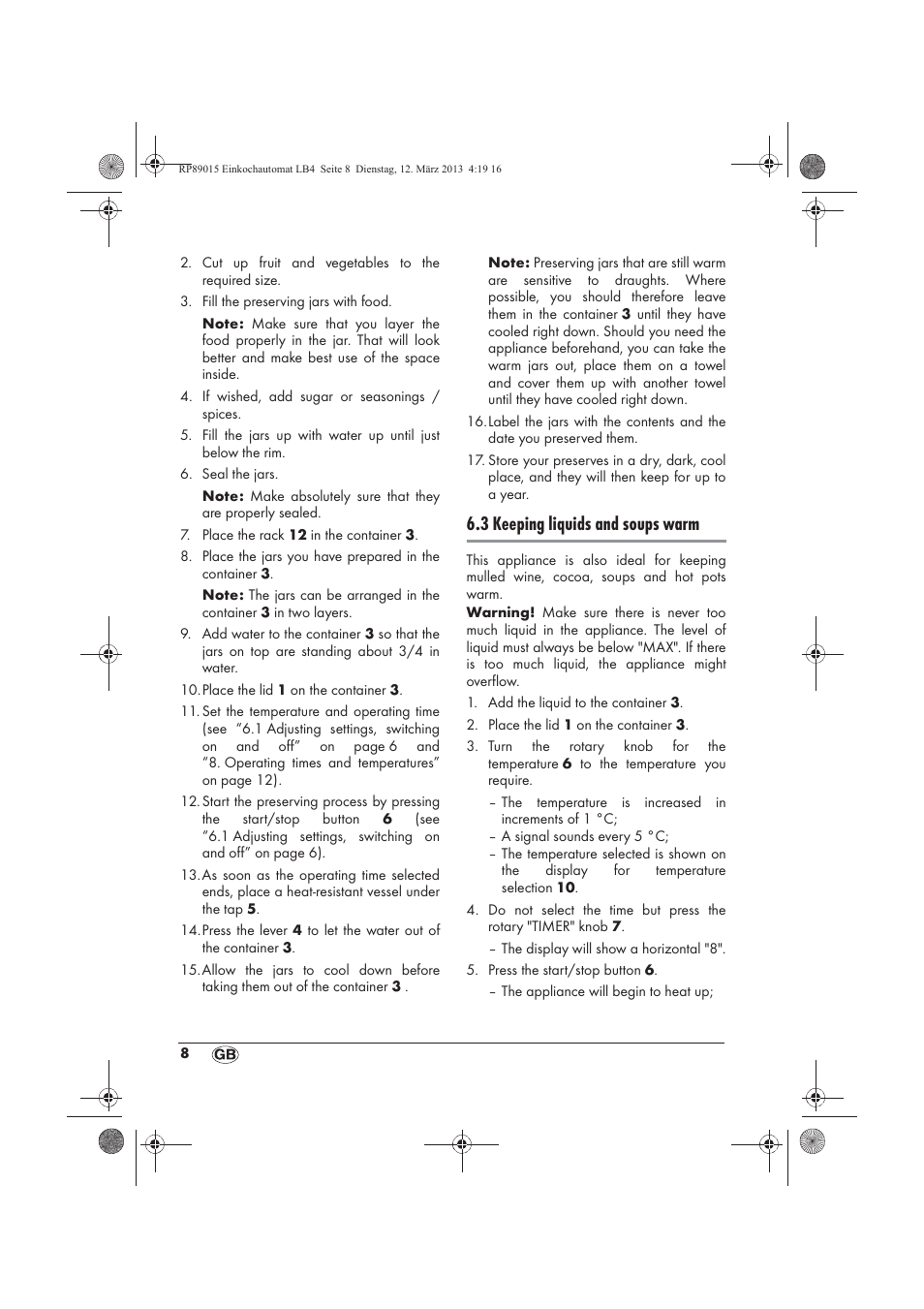 3 keeping liquids and soups warm | Silvercrest SEAD 1800 B1 User Manual | Page 10 / 106