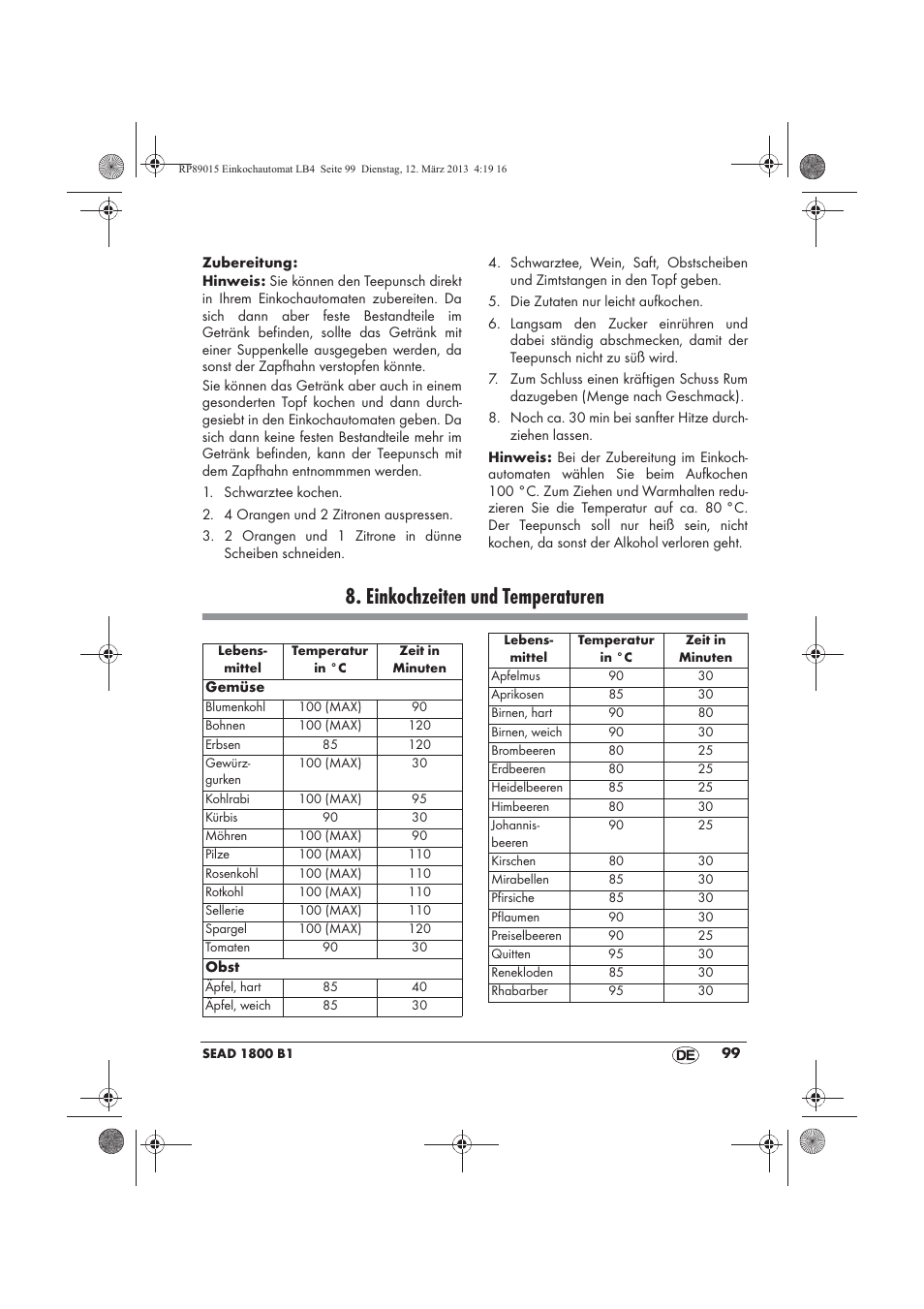 Einkochzeiten und temperaturen | Silvercrest SEAD 1800 B1 User Manual | Page 101 / 106