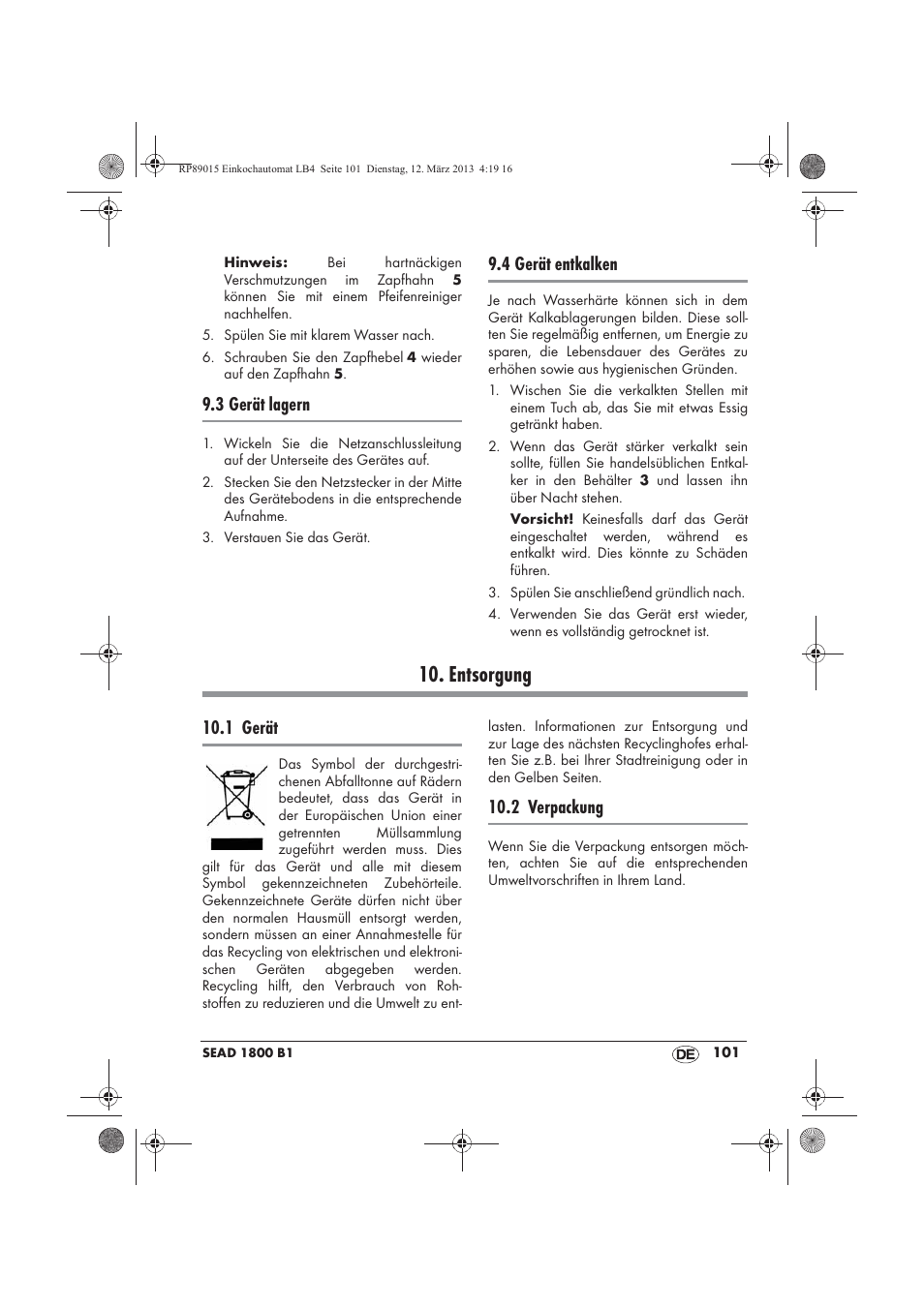 Entsorgung, 3 gerät lagern, 4 gerät entkalken | 1 gerät, 2 verpackung | Silvercrest SEAD 1800 B1 User Manual | Page 103 / 106