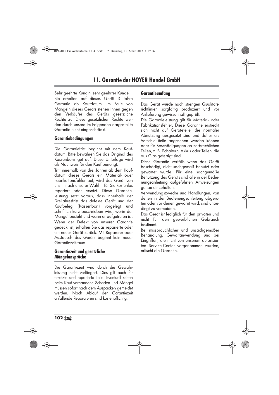 Garantie der hoyer handel gmbh | Silvercrest SEAD 1800 B1 User Manual | Page 104 / 106