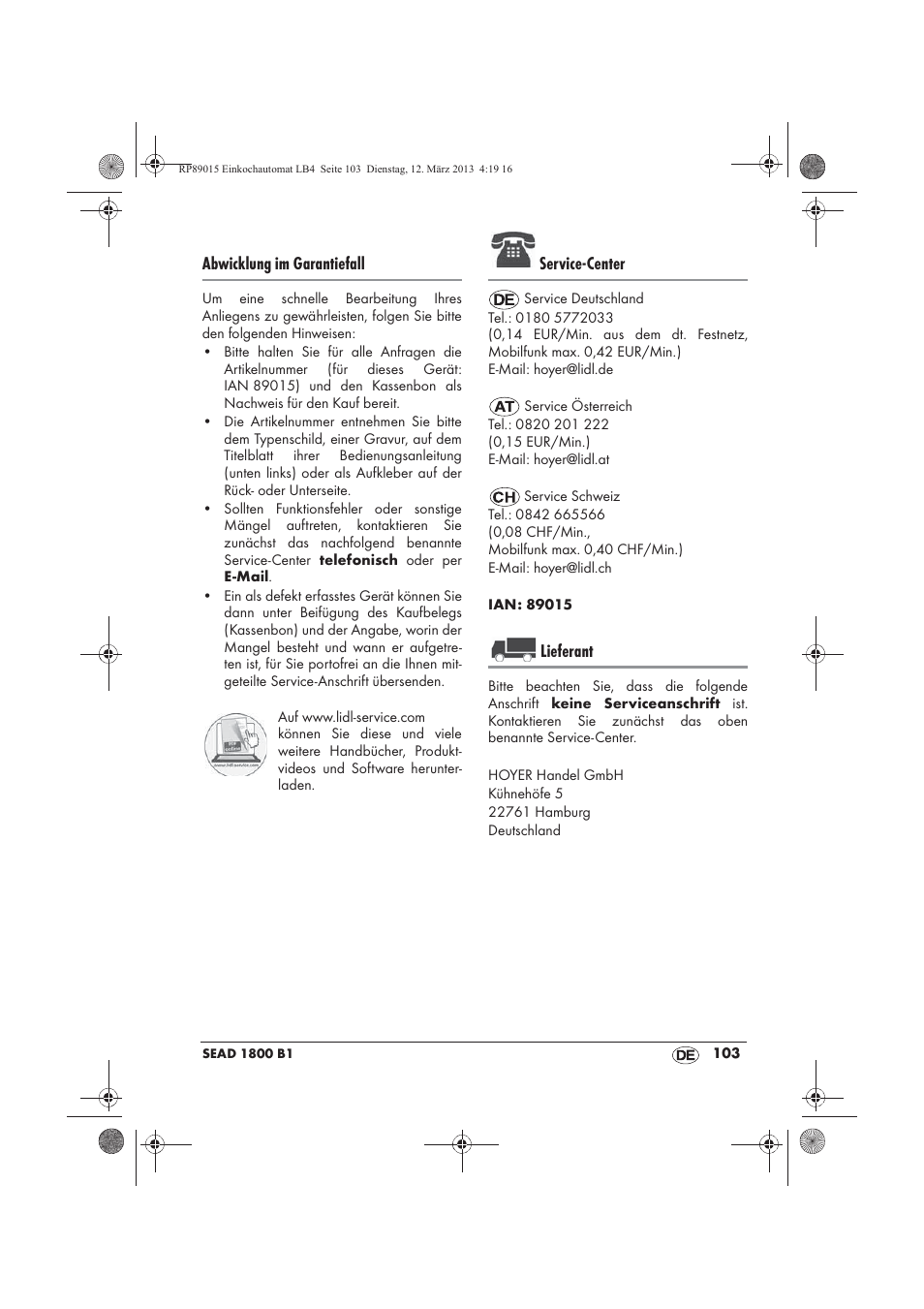 Abwicklung im garantiefall, Service-center, Lieferant | Silvercrest SEAD 1800 B1 User Manual | Page 105 / 106