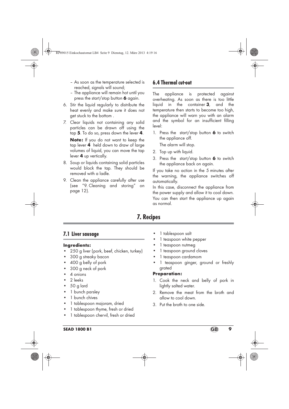 Recipes, 4 thermal cut-out, 1 liver sausage | Silvercrest SEAD 1800 B1 User Manual | Page 11 / 106