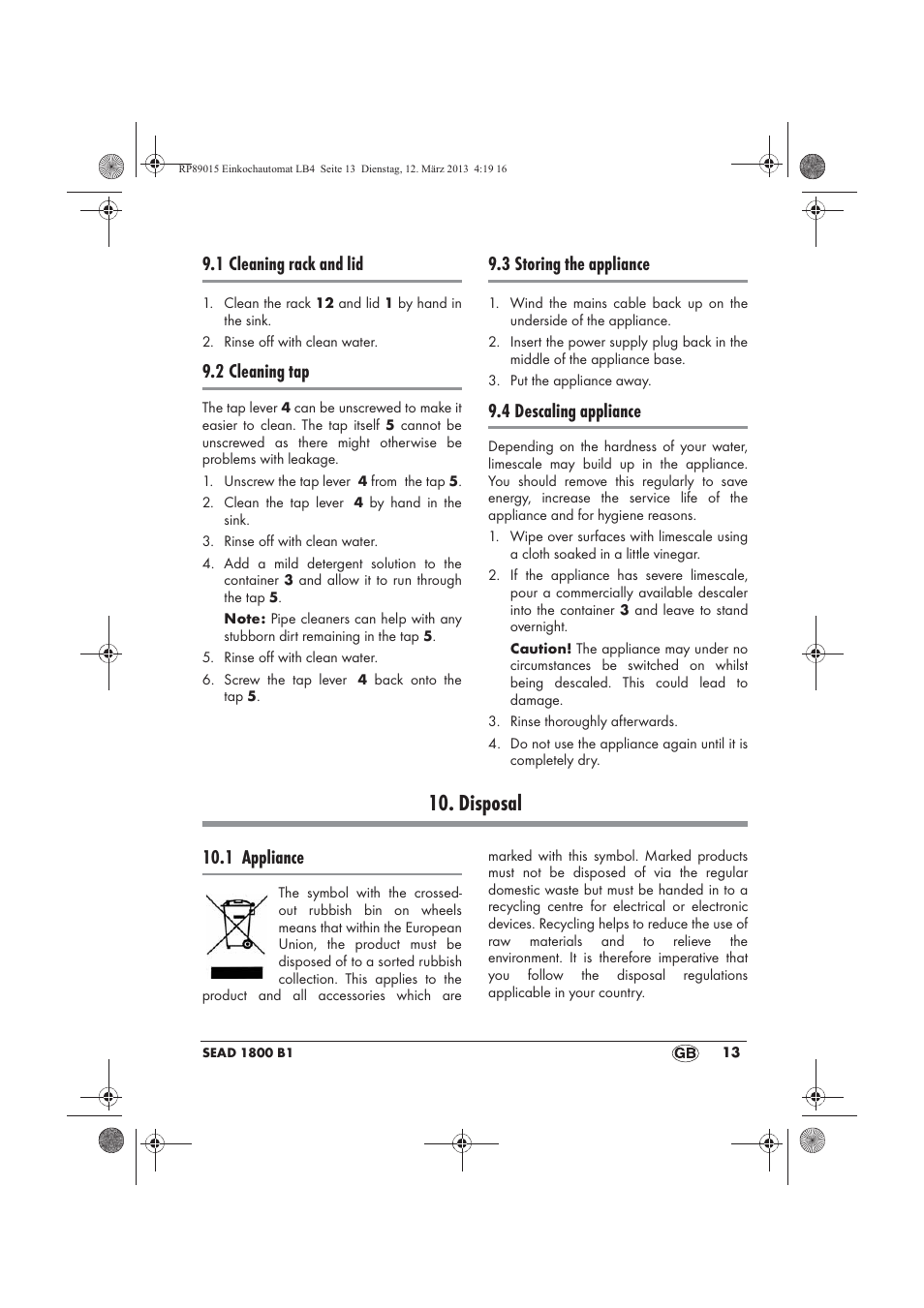 Disposal, 1 cleaning rack and lid, 2 cleaning tap | 3 storing the appliance, 4 descaling appliance, 1 appliance | Silvercrest SEAD 1800 B1 User Manual | Page 15 / 106