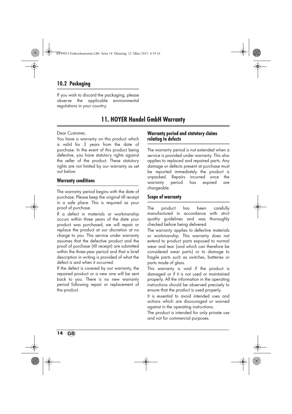 Hoyer handel gmbh warranty | Silvercrest SEAD 1800 B1 User Manual | Page 16 / 106