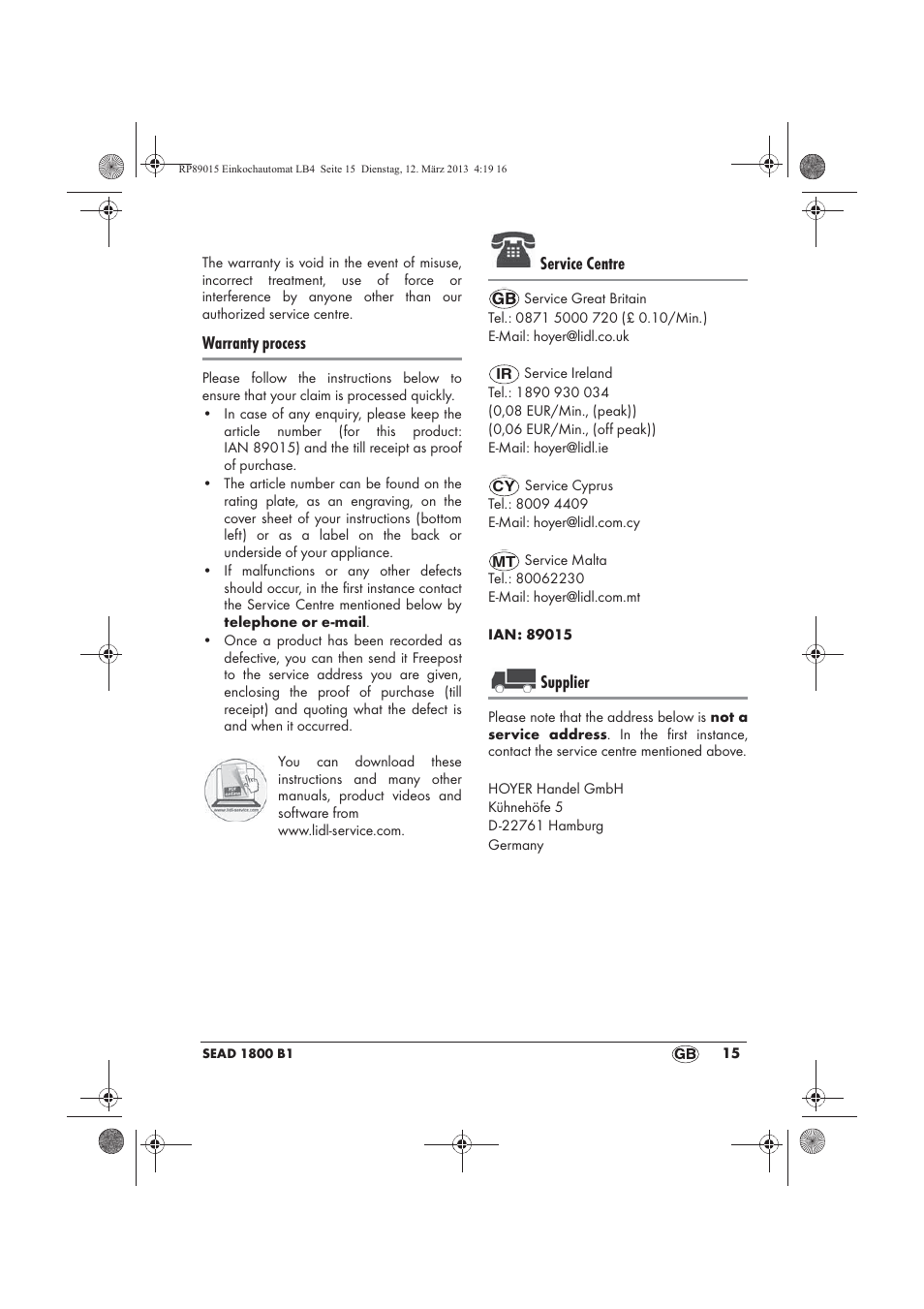 Warranty process, Service centre, Supplier | Silvercrest SEAD 1800 B1 User Manual | Page 17 / 106