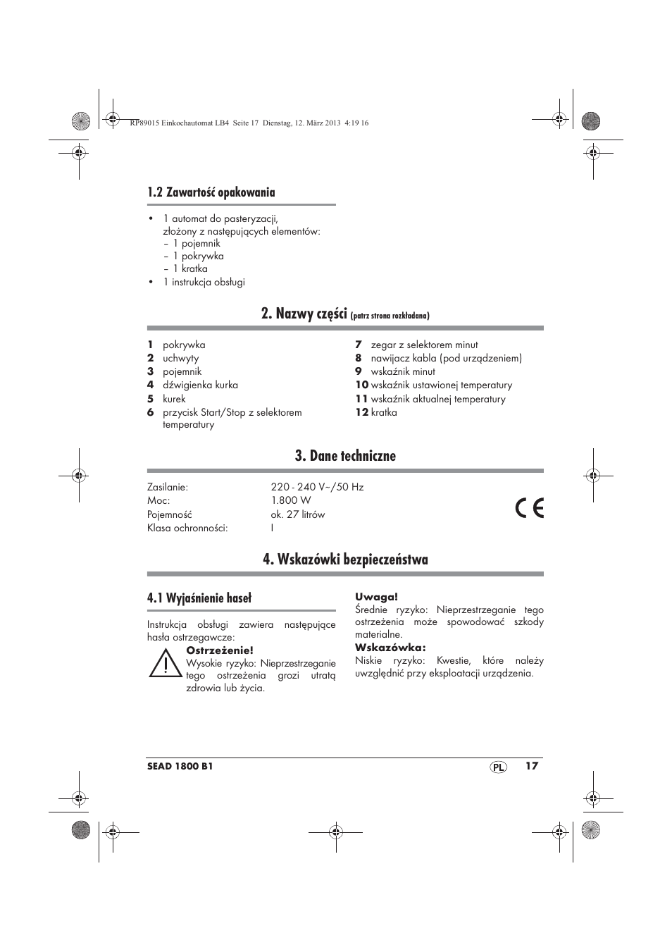 Nazwy części, Dane techniczne, Wskazówki bezpieczeństwa | 2 zawartość opakowania, 1 wyjaśnienie haseł | Silvercrest SEAD 1800 B1 User Manual | Page 19 / 106