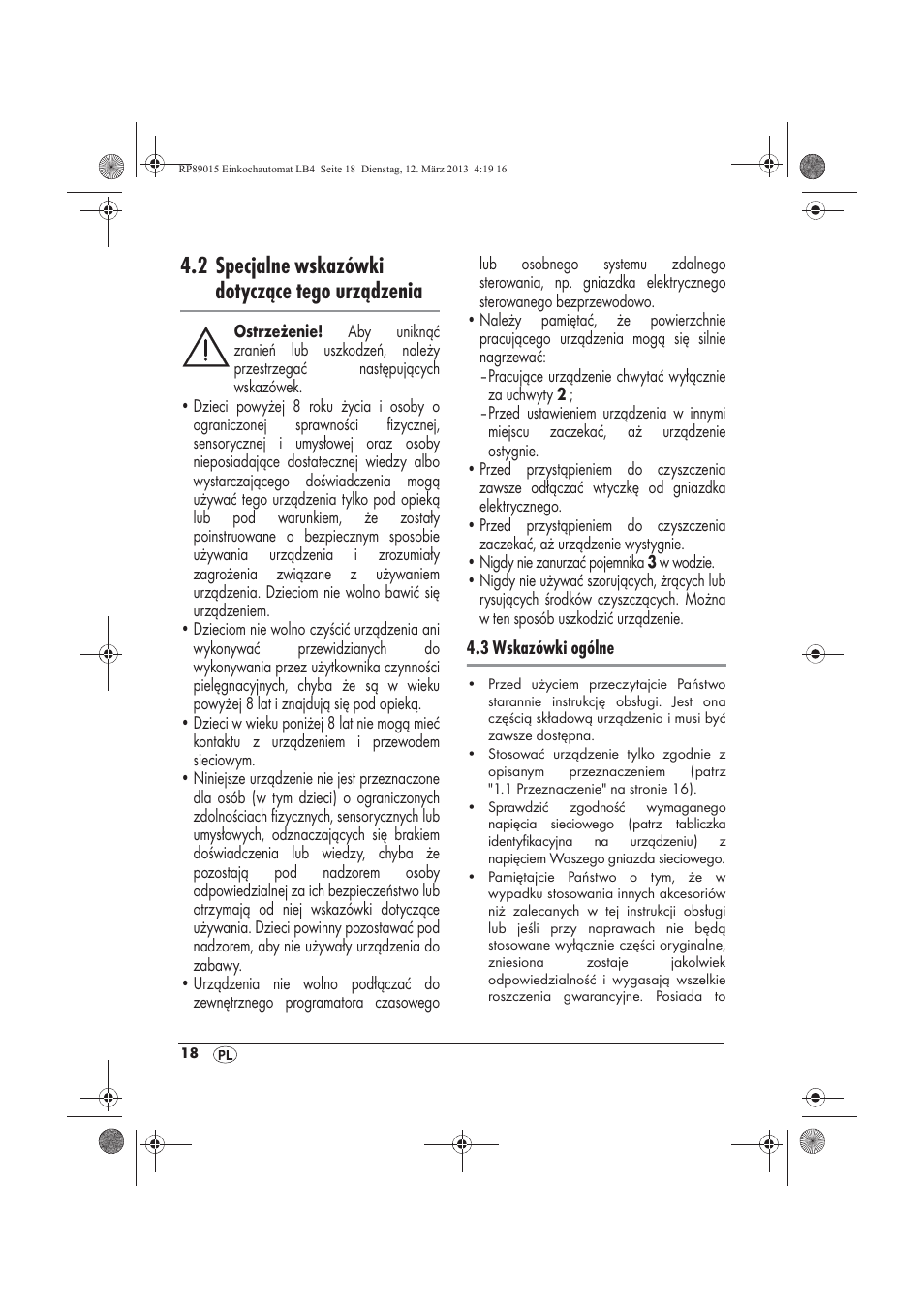 2 specjalne wskazówki dotyczące tego urządzenia | Silvercrest SEAD 1800 B1 User Manual | Page 20 / 106