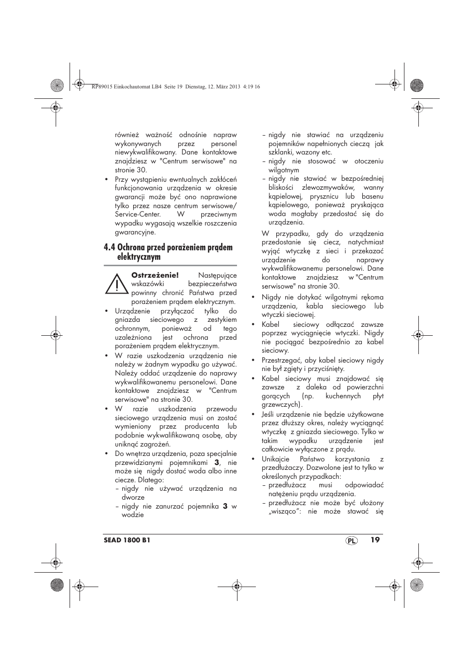 4 ochrona przed porażeniem prądem elektrycznym | Silvercrest SEAD 1800 B1 User Manual | Page 21 / 106