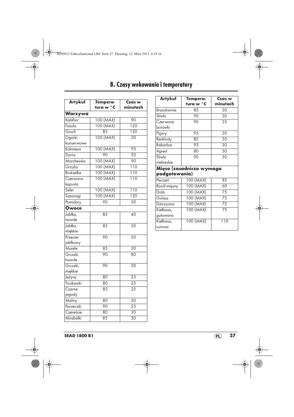 Czasy wekowania i temperatury | Silvercrest SEAD 1800 B1 User Manual | Page 29 / 106