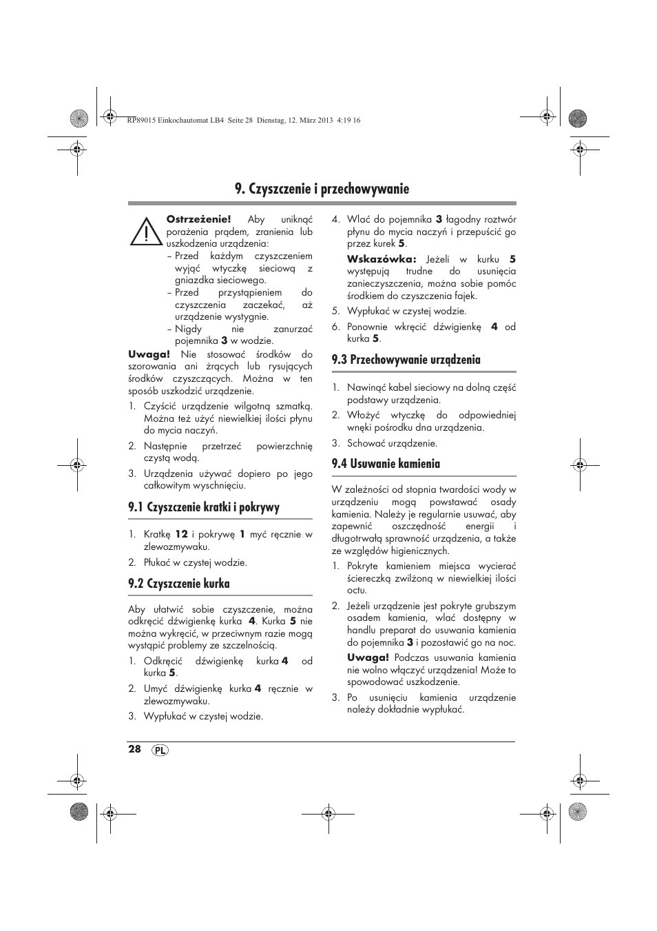 Czyszczenie i przechowywanie, 1 czyszczenie kratki i pokrywy, 2 czyszczenie kurka | 3 przechowywanie urządzenia, 4 usuwanie kamienia | Silvercrest SEAD 1800 B1 User Manual | Page 30 / 106