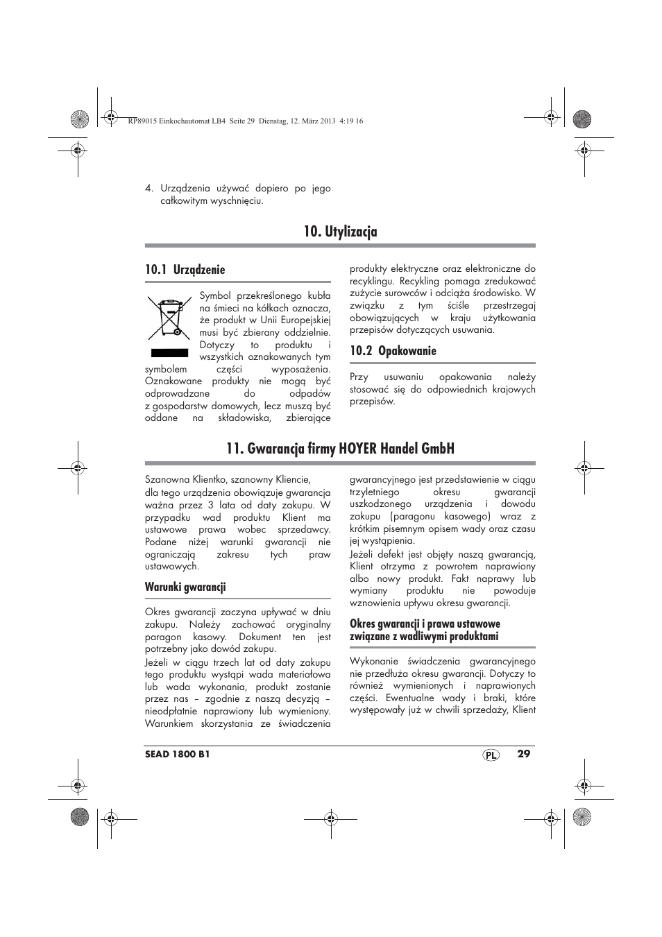 Utylizacja, Gwarancja firmy hoyer handel gmbh | Silvercrest SEAD 1800 B1 User Manual | Page 31 / 106