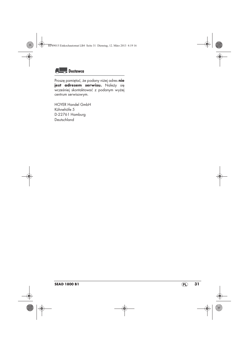 Dostawca | Silvercrest SEAD 1800 B1 User Manual | Page 33 / 106