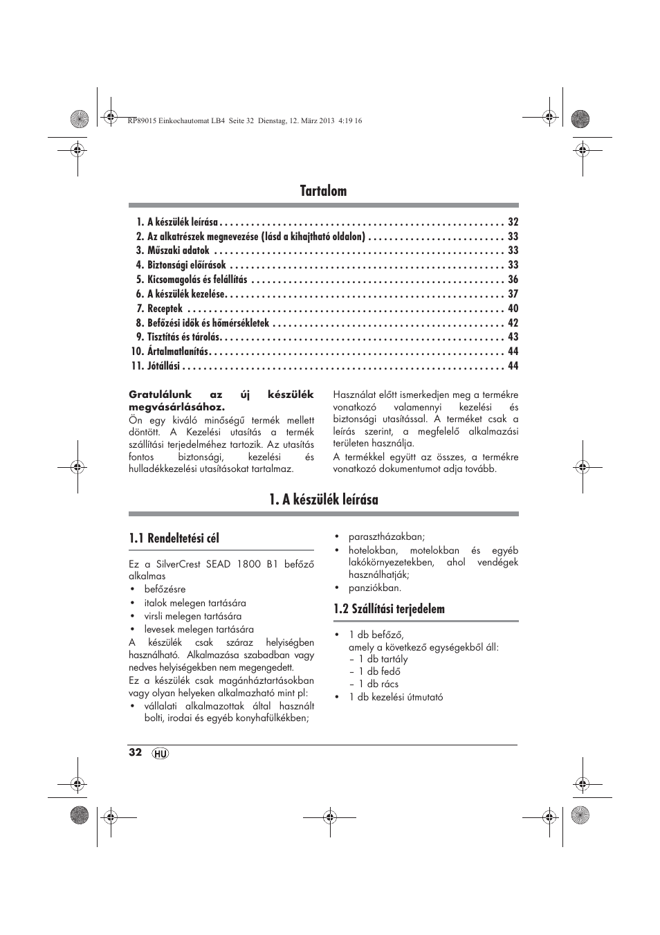 Tartalom, A készülék leírása | Silvercrest SEAD 1800 B1 User Manual | Page 34 / 106