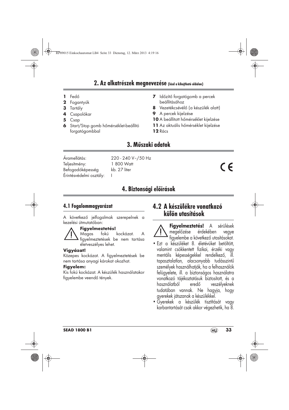 2 a készülékre vonatkozó külön utasítások, Az alkatrészek megnevezése, Műszaki adatok | Biztonsági előírások | Silvercrest SEAD 1800 B1 User Manual | Page 35 / 106