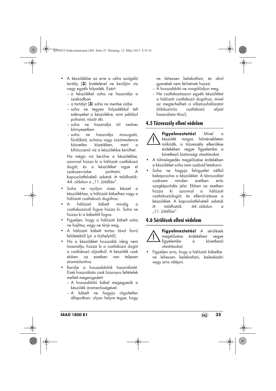 5 tűzveszély elleni védelem, 6 sérülések elleni védelem | Silvercrest SEAD 1800 B1 User Manual | Page 37 / 106