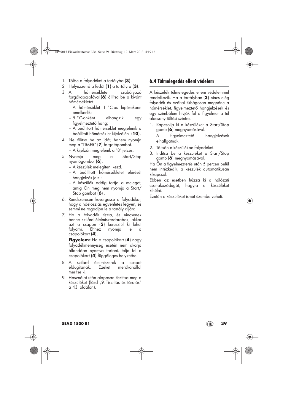 4 túlmelegedés elleni védelem | Silvercrest SEAD 1800 B1 User Manual | Page 41 / 106