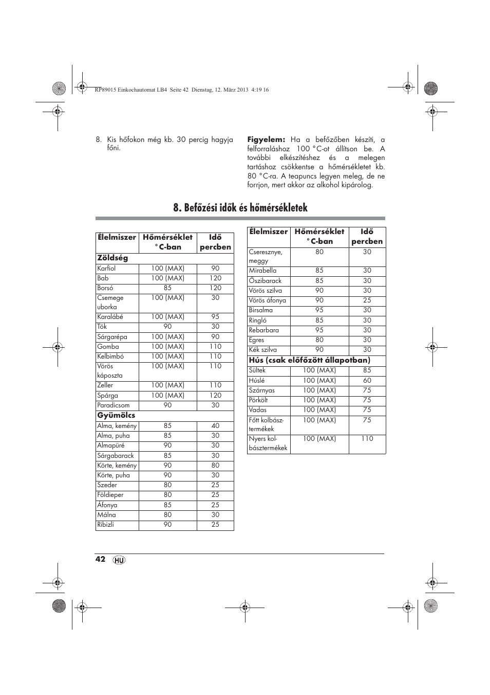 Befőzési idők és hőmérsékletek | Silvercrest SEAD 1800 B1 User Manual | Page 44 / 106