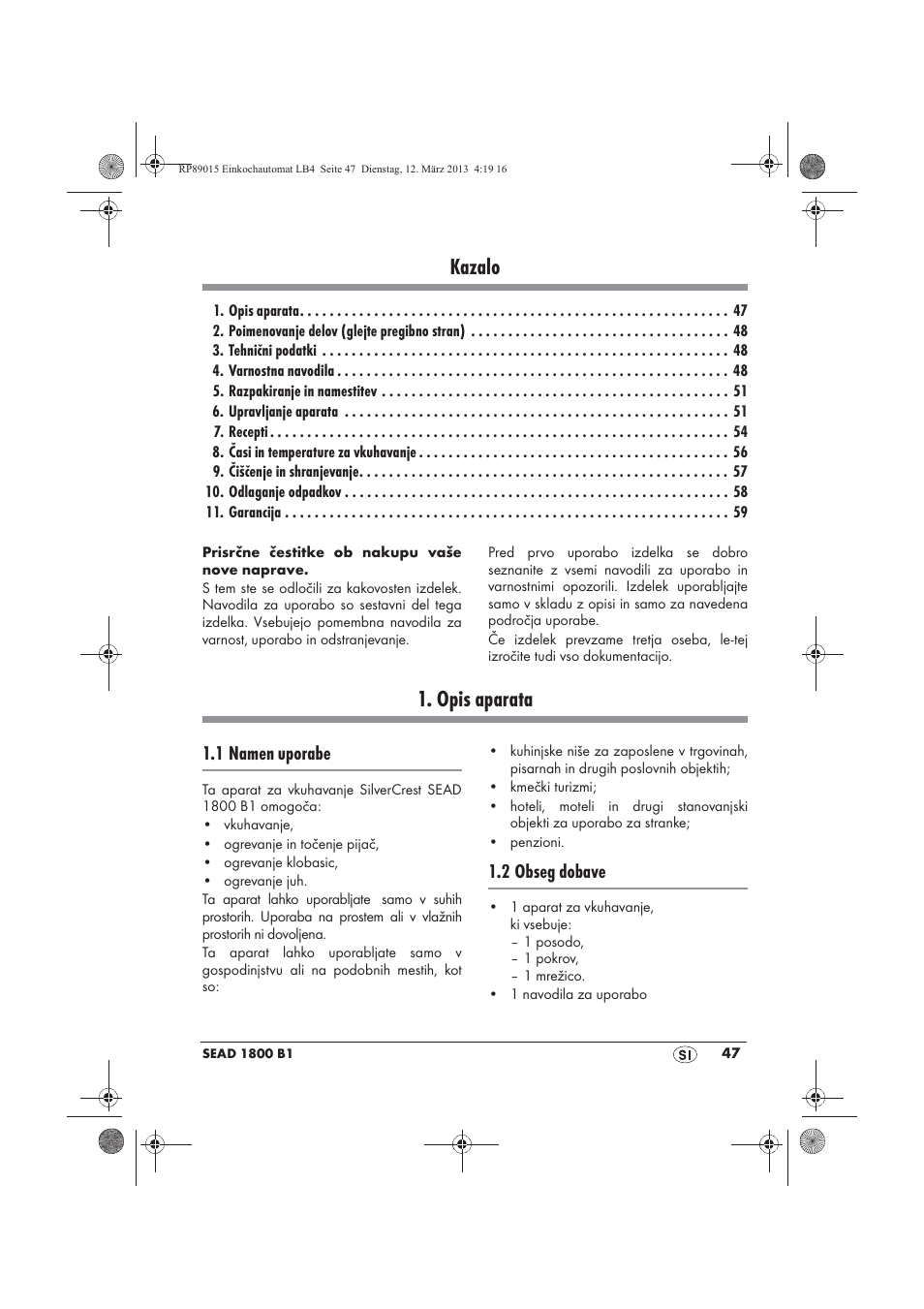 Kazalo, Opis aparata, 1 namen uporabe | 2 obseg dobave | Silvercrest SEAD 1800 B1 User Manual | Page 49 / 106