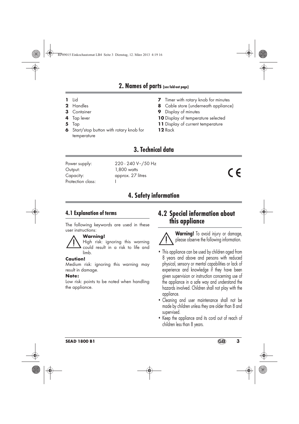 2 special information about this appliance, Names of parts, Technical data | Safety information | Silvercrest SEAD 1800 B1 User Manual | Page 5 / 106