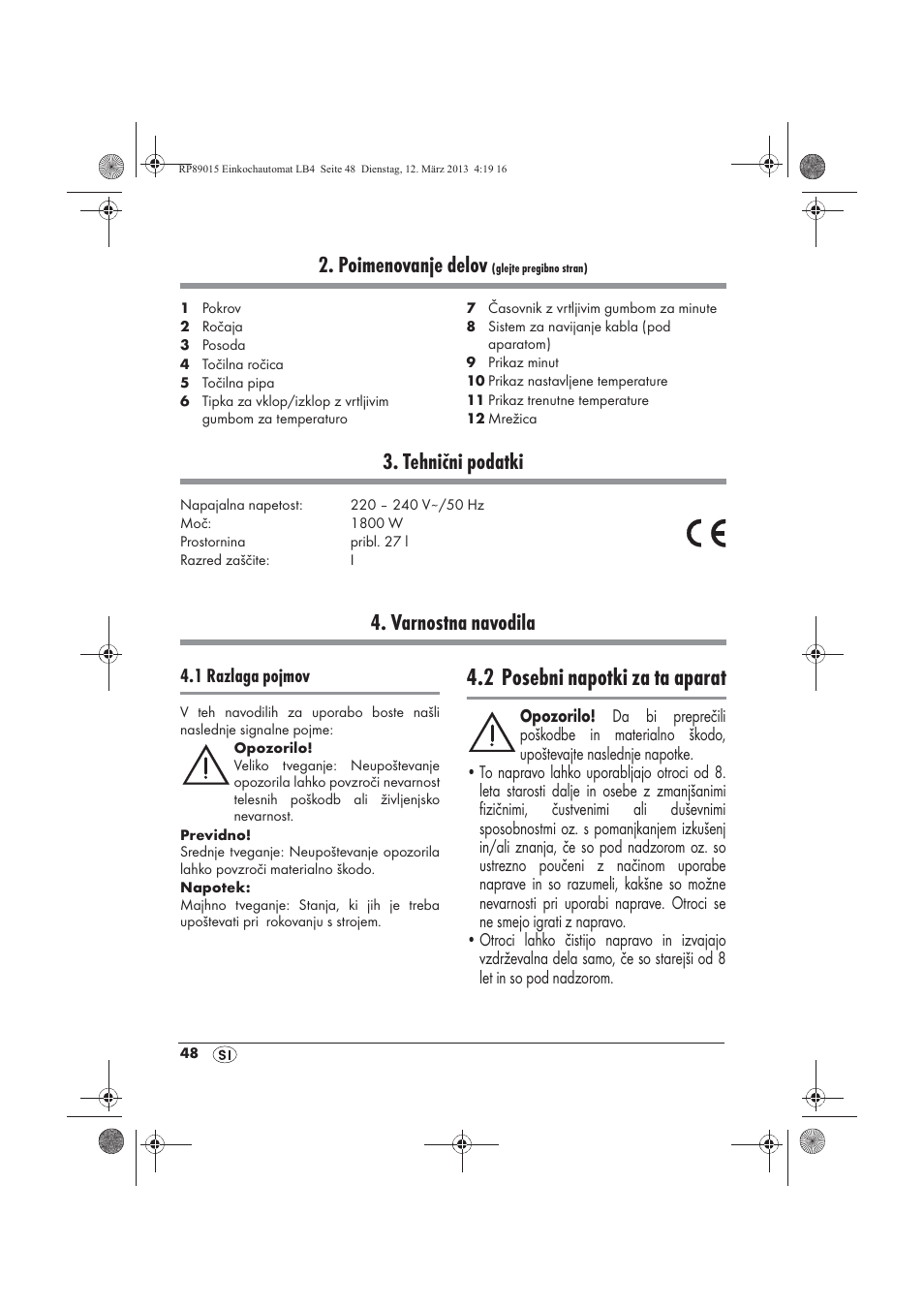 2 posebni napotki za ta aparat, Poimenovanje delov, Tehnični podatki | Varnostna navodila | Silvercrest SEAD 1800 B1 User Manual | Page 50 / 106