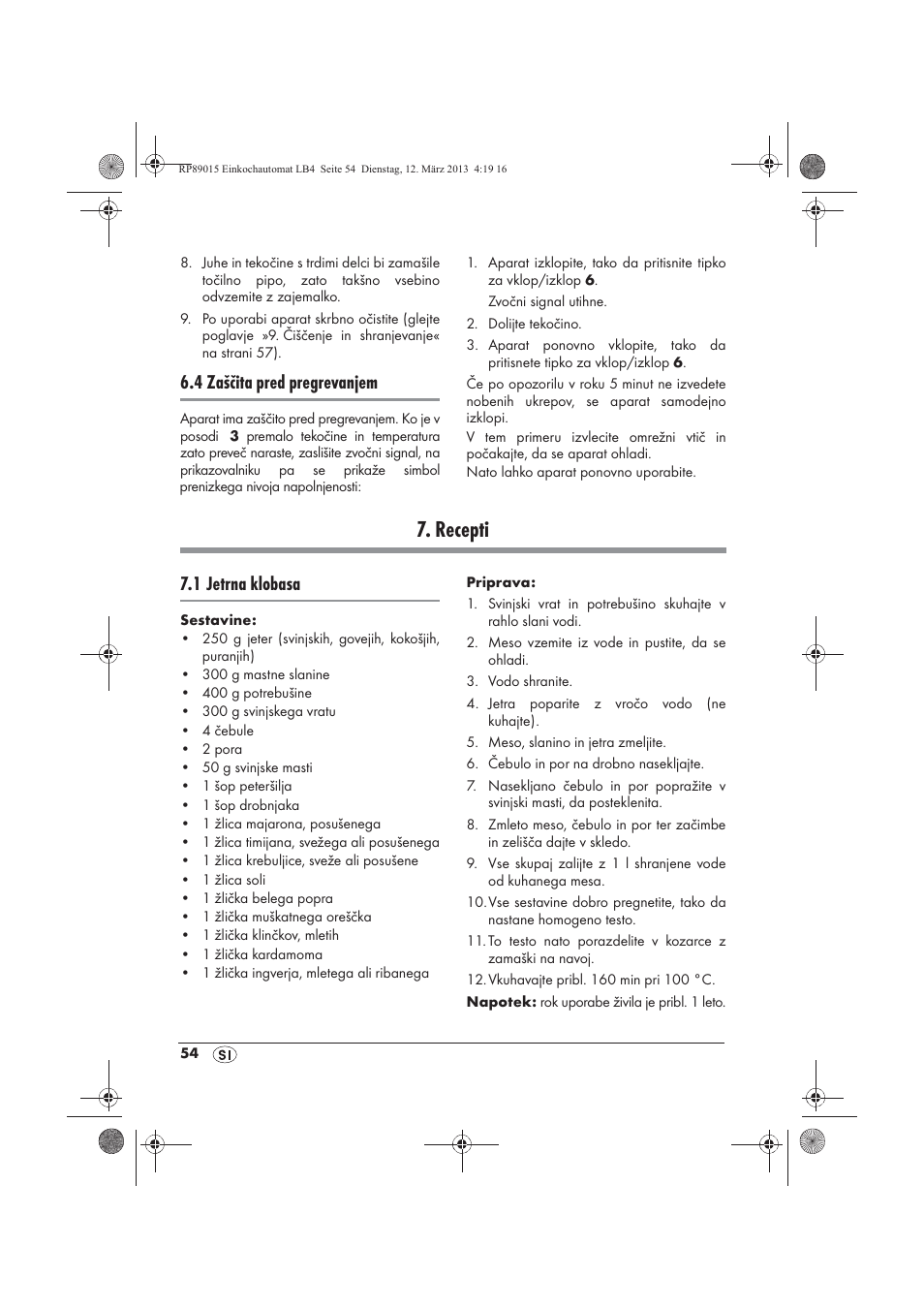 Recepti, 4 zaščita pred pregrevanjem, 1 jetrna klobasa | Silvercrest SEAD 1800 B1 User Manual | Page 56 / 106