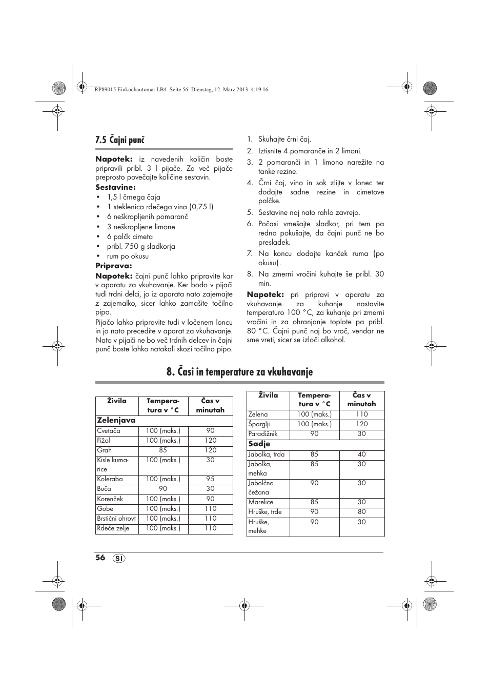 Časi in temperature za vkuhavanje, 5 čajni punč | Silvercrest SEAD 1800 B1 User Manual | Page 58 / 106