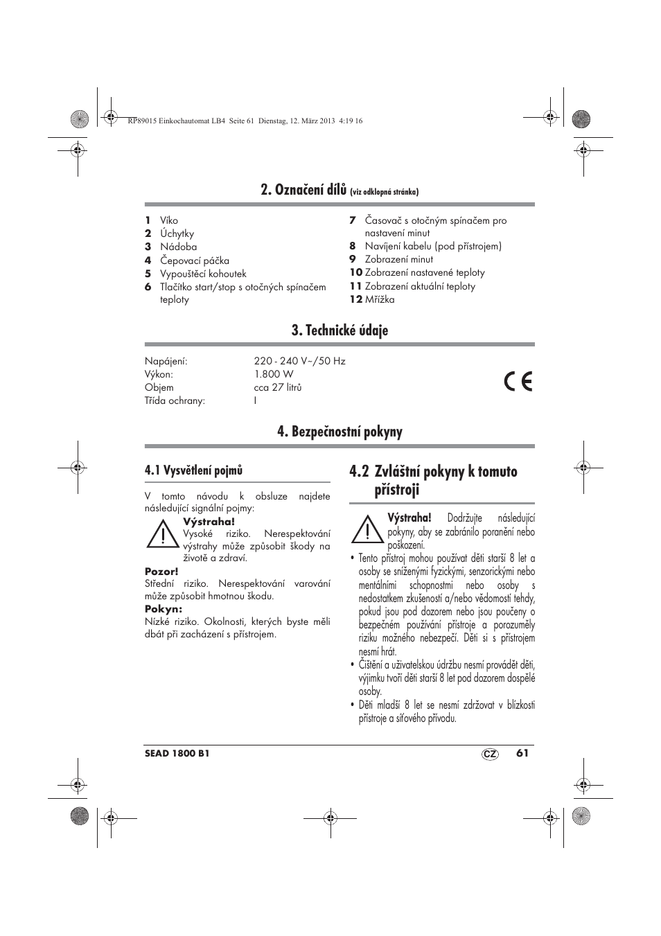 2 zvláštní pokyny k tomuto přístroji, Označení dílů, Technické údaje | Bezpečnostní pokyny | Silvercrest SEAD 1800 B1 User Manual | Page 63 / 106