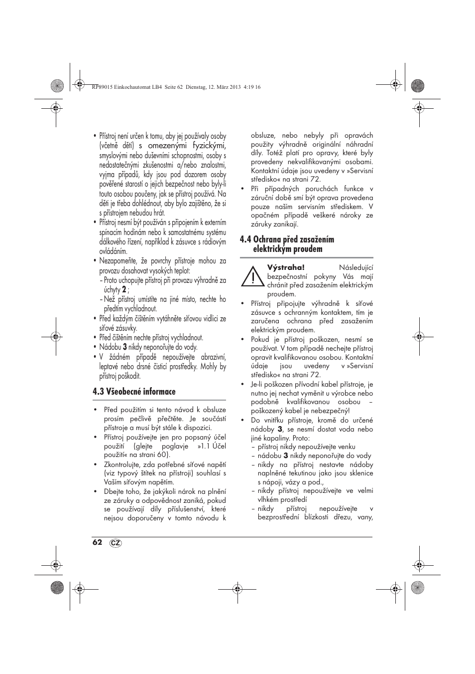 3 všeobecné informace, 4 ochrana před zasažením elektrickým proudem | Silvercrest SEAD 1800 B1 User Manual | Page 64 / 106