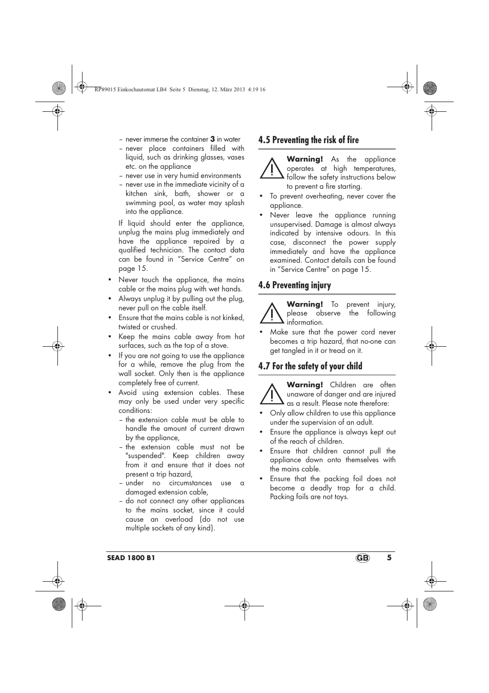 5 preventing the risk of fire, 6 preventing injury, 7 for the safety of your child | Silvercrest SEAD 1800 B1 User Manual | Page 7 / 106