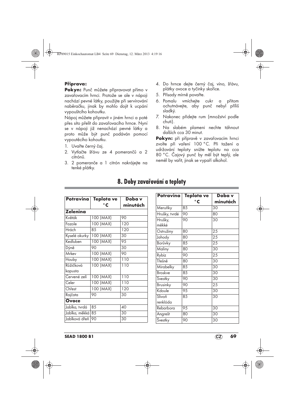 Doby zavařování a teploty | Silvercrest SEAD 1800 B1 User Manual | Page 71 / 106