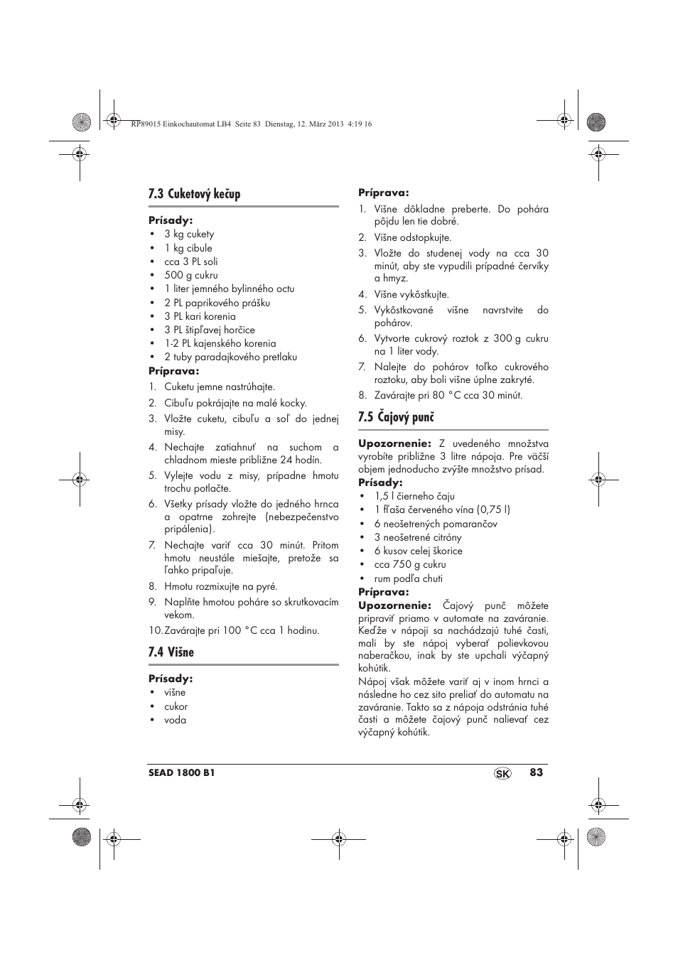 3 cuketový kečup, 4 višne, 5 čajový punč | Silvercrest SEAD 1800 B1 User Manual | Page 85 / 106