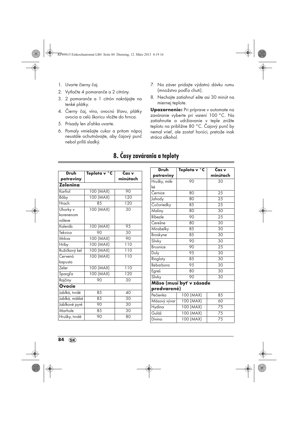 Časy zavárania a teploty | Silvercrest SEAD 1800 B1 User Manual | Page 86 / 106