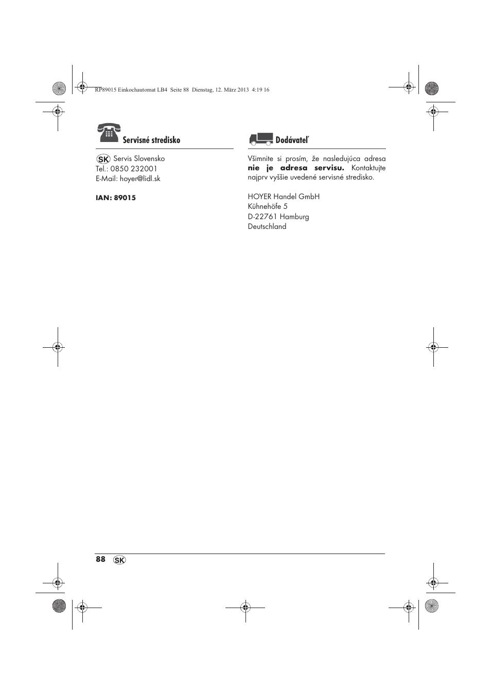 Servisné stredisko, Dodávateľ | Silvercrest SEAD 1800 B1 User Manual | Page 90 / 106