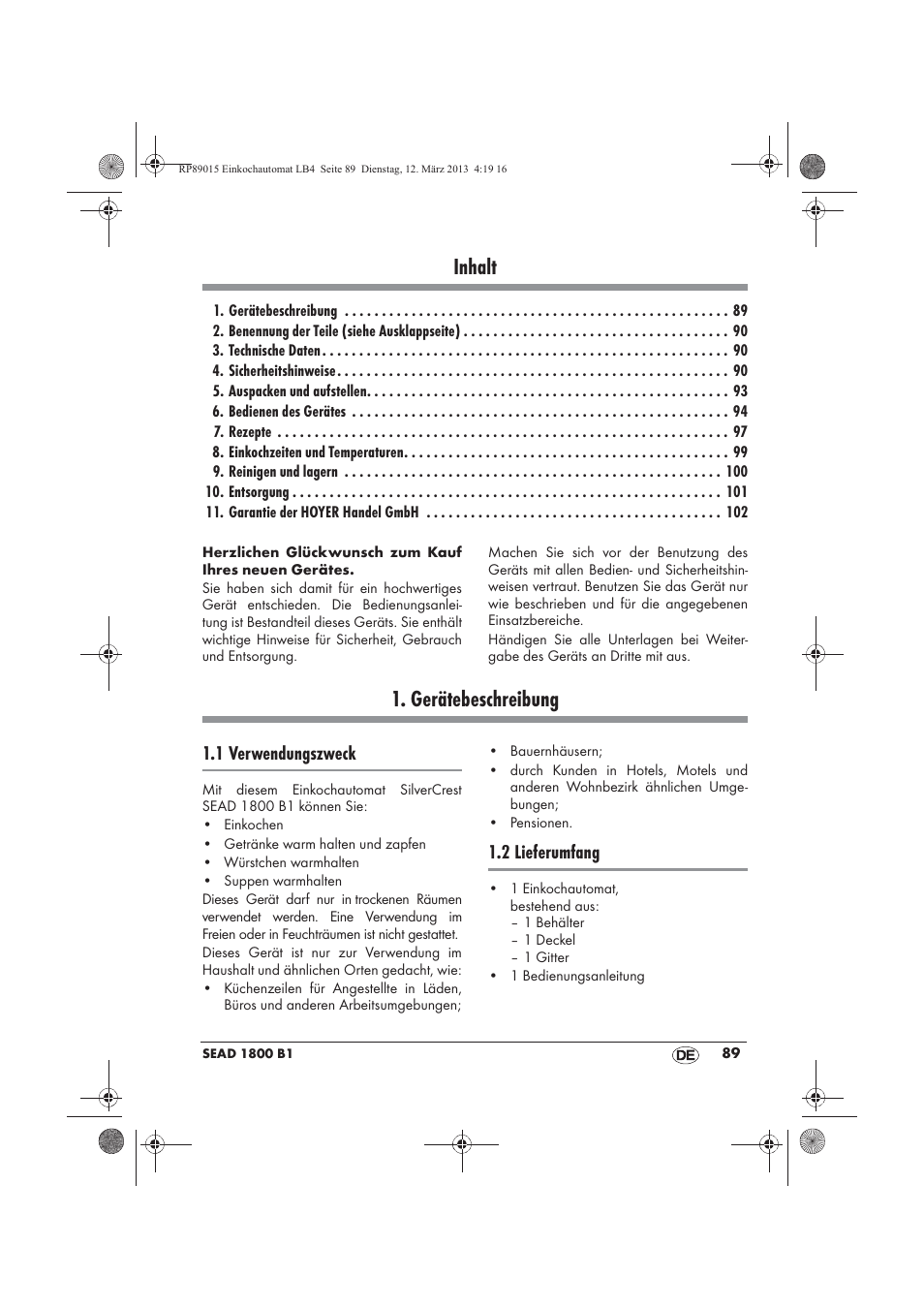 Inhalt, Gerätebeschreibung, 1 verwendungszweck | 2 lieferumfang | Silvercrest SEAD 1800 B1 User Manual | Page 91 / 106