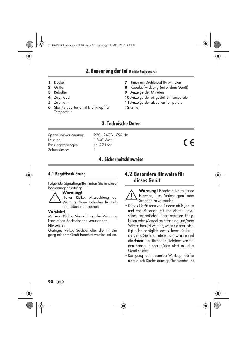 2 besondere hinweise für dieses gerät, Benennung der teile, Technische daten | Sicherheitshinweise | Silvercrest SEAD 1800 B1 User Manual | Page 92 / 106