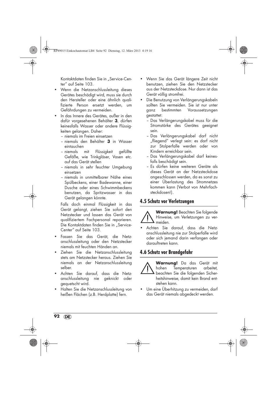 5 schutz vor verletzungen, 6 schutz vor brandgefahr | Silvercrest SEAD 1800 B1 User Manual | Page 94 / 106