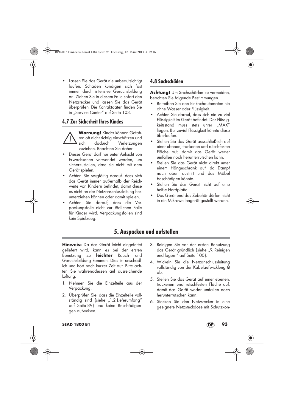 Auspacken und aufstellen, 7 zur sicherheit ihres kindes, 8 sachschäden | Silvercrest SEAD 1800 B1 User Manual | Page 95 / 106