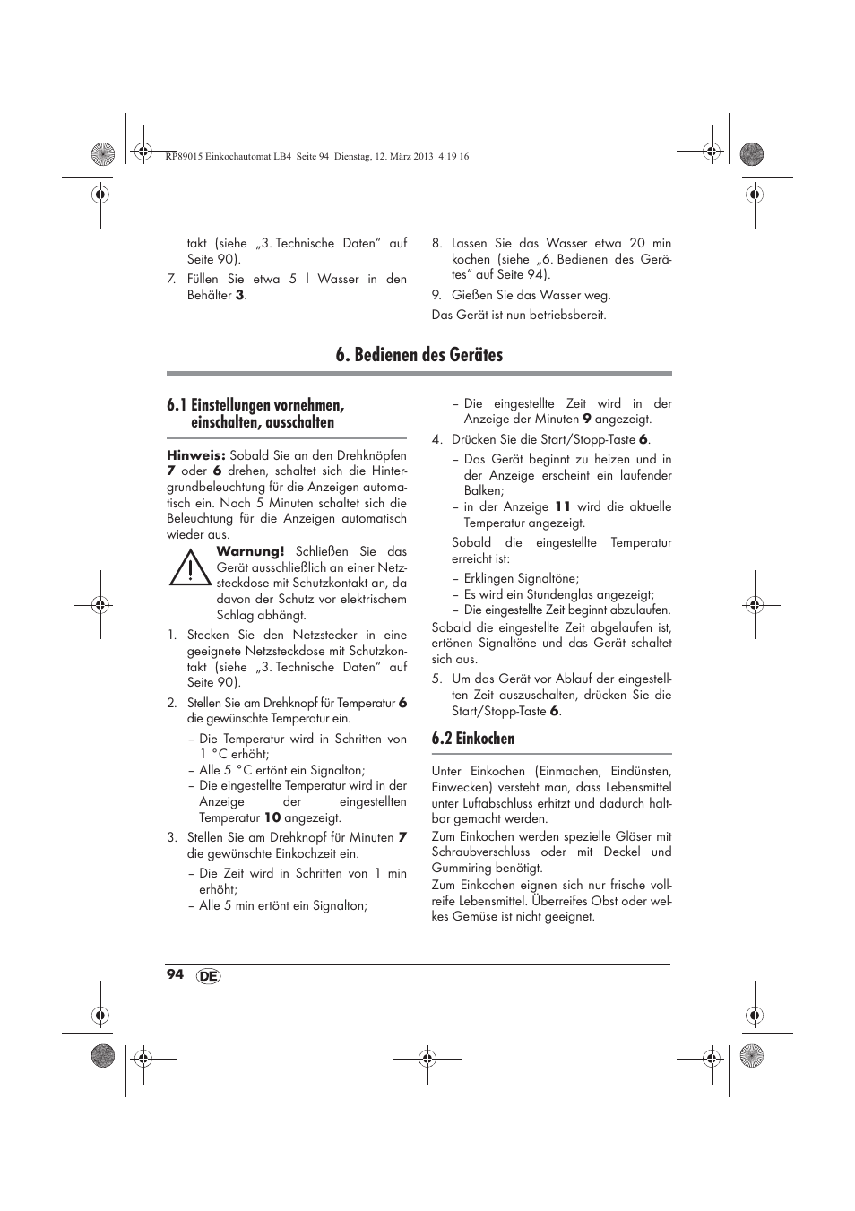 Bedienen des gerätes, 2 einkochen | Silvercrest SEAD 1800 B1 User Manual | Page 96 / 106