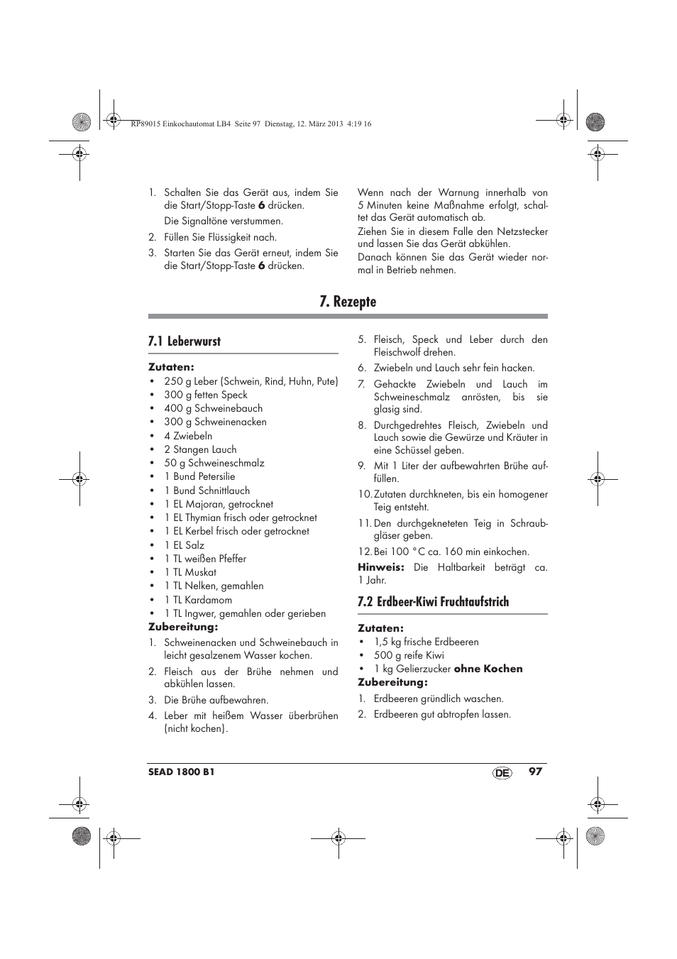 Rezepte, 1 leberwurst, 2 erdbeer-kiwi fruchtaufstrich | Silvercrest SEAD 1800 B1 User Manual | Page 99 / 106