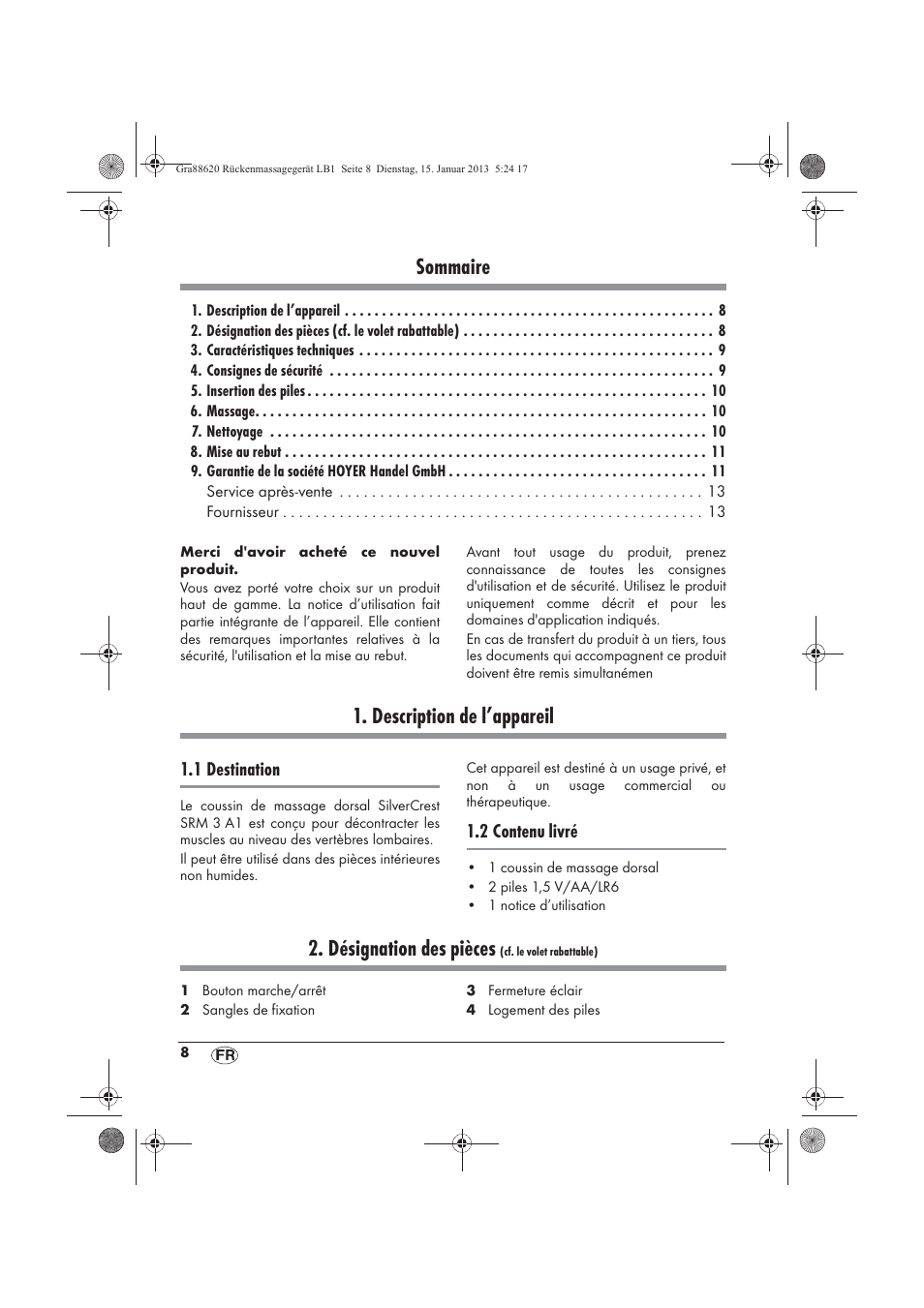 Sommaire, Description de l’appareil, Désignation des pièces | Silvercrest SRM 3 A1 User Manual | Page 10 / 34