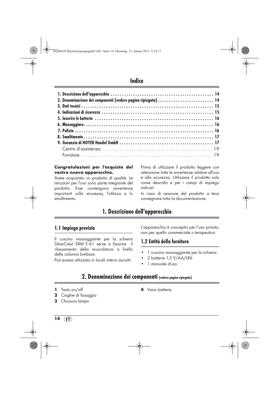 Indice, Descrizione dell'apparecchio, Denominazione dei componenti | Silvercrest SRM 3 A1 User Manual | Page 16 / 34