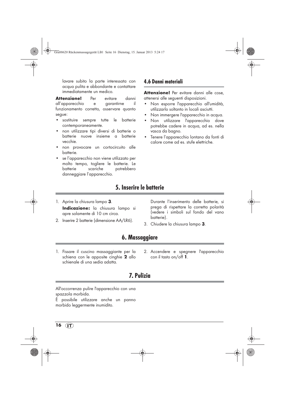 Inserire le batterie, Massaggiare, Pulizia | 6 danni materiali | Silvercrest SRM 3 A1 User Manual | Page 18 / 34